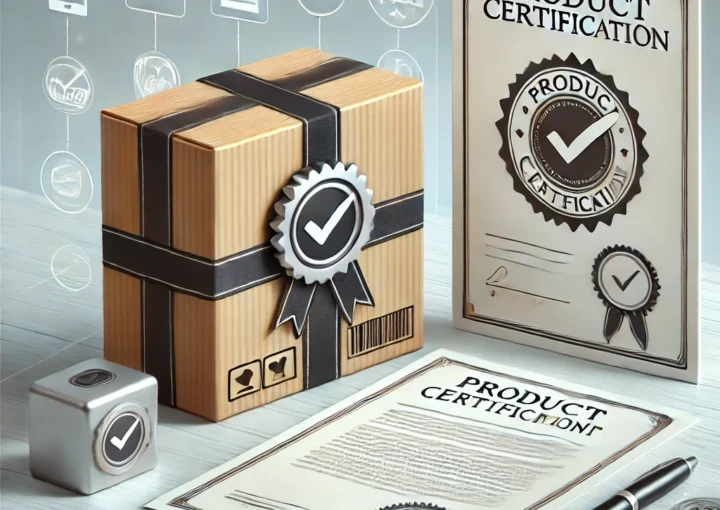 DALL·E 2024 10 18 11.55.13 An image representing product certification with a product like a box or device receiving an official certificate or approval stamp. The product is