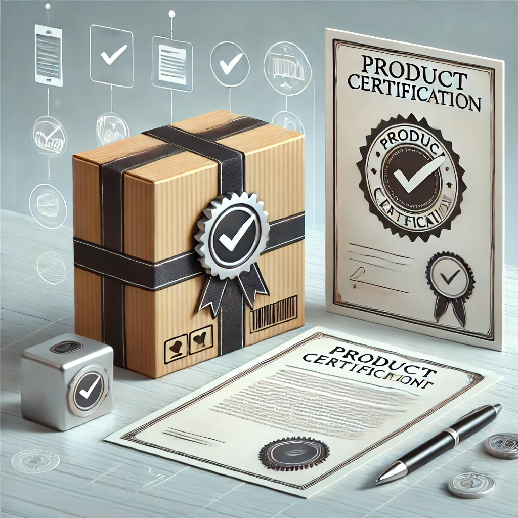 DALL·E 2024 10 18 11.55.13 An image representing product certification with a product like a box or device receiving an official certificate or approval stamp. The product is